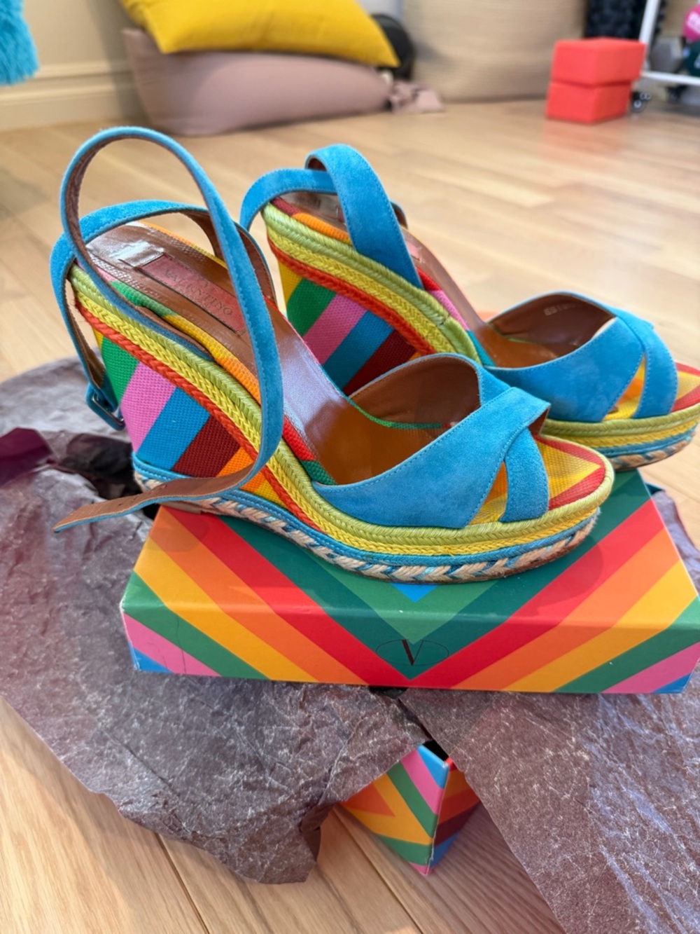 Valentino Garavani 1975 Rainbow Wedge Sandal Turquoise New 38.5 US 8.5
